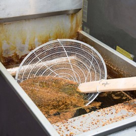 TrueCraftware- 12” Fine Mesh Skimmer with Natural Bamboo Handle- Spider Strainer Ladle Kitchen Frying Food Pasta Spaghetti for Cooking and Frying Pasta Strainer Spoon