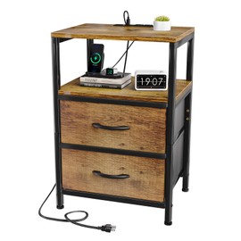 Simple Trending Nightstand with Charging Station, End Table Side Table with 2 Drawer Storage, Sofa Table Couch Table for Bedroom, Rustic Black