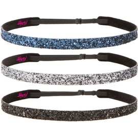 Hipsy Regular Size, Women's Adjustable NO Slip Bling Glitter Hair Headband Multi Pack (Skinny Black/Gunmetal/Navy Regular Size Bling Glitter 3pk)