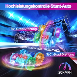 Amphibious Vehicle Remote Controlled Car, 4WD Toy Car with 7 Colour Lights, 2.4 GHz Double-Sided 360° Rotating RC Stunt Crawler with Headlights for 3-12 Years Christmas Birthday Gifts