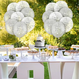 Rumia 20Pcs 25th Silver Anniversary Balloons, White Gold Happy Wedding Balloons for Decorations, Party Decorations 12 inches, (B1F82)