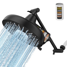 Filtered Shower Head with Extension Arm - EMBATHER 8 Inch Hign Output Showrhead with 3 Spray Settings, 18 Stage Filter for Hard Water, 11" Adjustable Arm, Brass Swivel Ball Jiont, Matt Black