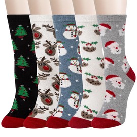 5 Pairs of Women's Wool Socks, Thick Socks for High-Quality Gifts for Women, White/Blue/Black/White/Grey