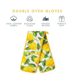 Double Oven Gloves Heat Resistant Yellow Ovens Mitt Cotton Potholders Gloves for Home Cooking Kitchen BBQ - Retro Lemon