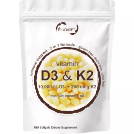 Eocute Vitamin D3 10000 iu Plus K2 (MK-7) 200 mcg, 180 primary coconut oil soft capsule
