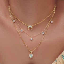 Stocking Stuffers Holiday Outfits for Women 2024 Heart Choker Necklace for Women Boho Layered Necklace Gold Moon Necklace Rhinestone Flower Necklace Love Pendant Trendy Jewelry for Valentine's Day
