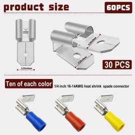 Zansens 60 Pcs Double Piggyback Spade Connectors, 1/4 inch Dual Formula Female Adapter Quick Disconnect Backpack Spade Crimp Terminal Assortment Kit, Piggy Back Spade Terminal Connectors, Silver