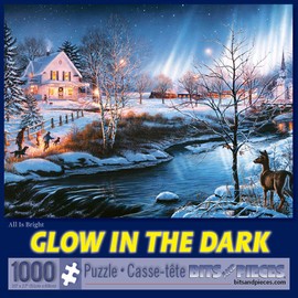 Bits and Pieces – 1000 Piece Glow in The Dark Jigsaw Puzzle for Adults – All is Bright by Artist James Meger - Winter Holiday Landscape, Completed Puzzle Size: 20" x 27"