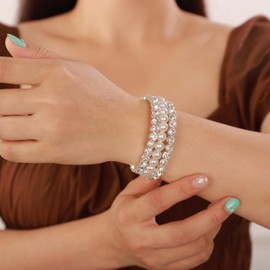 YERTTER Wedding Silver 3 Row Pearl Rhinestone Stunning Bracelet Layered Adjustable Stretch Wrap Cuff Bridals Crystal Strand Bracelet Gift for Women Brides (Silver 3)