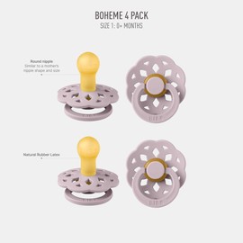 BIBS Boheme Soother 4-Pack. BPA Free Dummy Pacifier, Round Nipple. Natural Rubber Latex, Made in Denmark, Size 1 (0-6 Months), Dusty Lilac