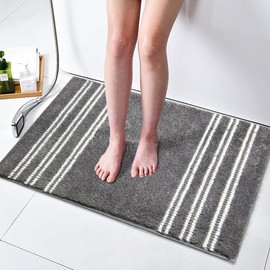 Nazapher Grey Bath Mat and Bathroom Rug Set - Soft Shaggy Microfiber Non-Slip Chenille Striped Plush Carpet | Quick-Dry Water Absorbent | Machine Washable for Tub & Shower Floors, 32"x20"