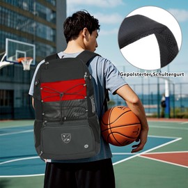 KINGSLONG Basketball Backpack Football Bag: Large Capacity Softball Bag with Shoe Compartment and Fence Hook Lightweight Volleyball Softball Equipment for Helmets Hats Shoes for Boys Men Red and Black