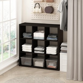 Furinno Cubic Open Back Multipurpose Clothing & Closet Storage Organizer Shelf, 9-Cube, Dark Oak