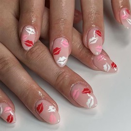 24 Pcs Valentines Almond Press on Nails Short Fake Nails with Glue Pink Full Cover False Nails with Lips Design Romantic Valentines Nails Glossy Glue on Nails Full Cover Stick on Nails for Women