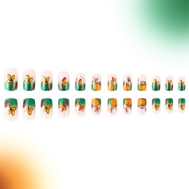24 Pcs Fall Press on Nails Short Medium Fake Nails with Glue Maple Leaf Pumpkin Design Glitter Full Cover False Nails Thanksgiving Glue on Nails Autumn Leaf Nails Reusable Stick on Nails for Women