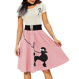 ZEZCLO Women's Retro Poodle Print Skater Dress Vintage High Waist Rockabilly Swing Tee Cocktail Party Dresses Accessories Pink S