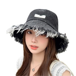 Suillty Fashion Tassel Washed Cotton Floppy Wide Brim Denim Bucket Hats for Women Girls Outdoor Summer Beach Fisherman Hat