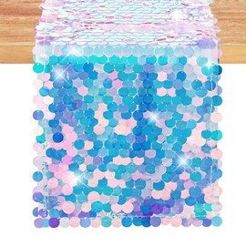 Valicaer Mermaid Table Runner,Sequin Glitter Mesh Table Cloths Iridescent Sparkly Sequin Table Cover Decorative Round Mermaid Table Runner Sequin Tablecloth for Wedding Birthday Party Table Decoration