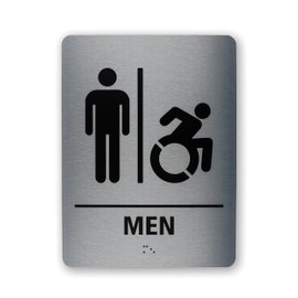 Restroom Sign for Business – Brushed Aluminum ADA Compliant Braille Bathroom Sign with Double Sided Tape for Easy Installation – Heavy Duty – Size 8 x 6 Inch (Men Handicap)
