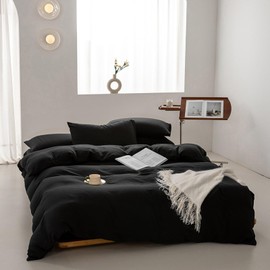 Famanti - Juego de ropa de cama de 3 piezas 100% algodón con textura, funda de edredón transpirable y duradera con cierre de cierre, lazo en las esquinas, regalo para hombres y mujeres (negro, tamaño