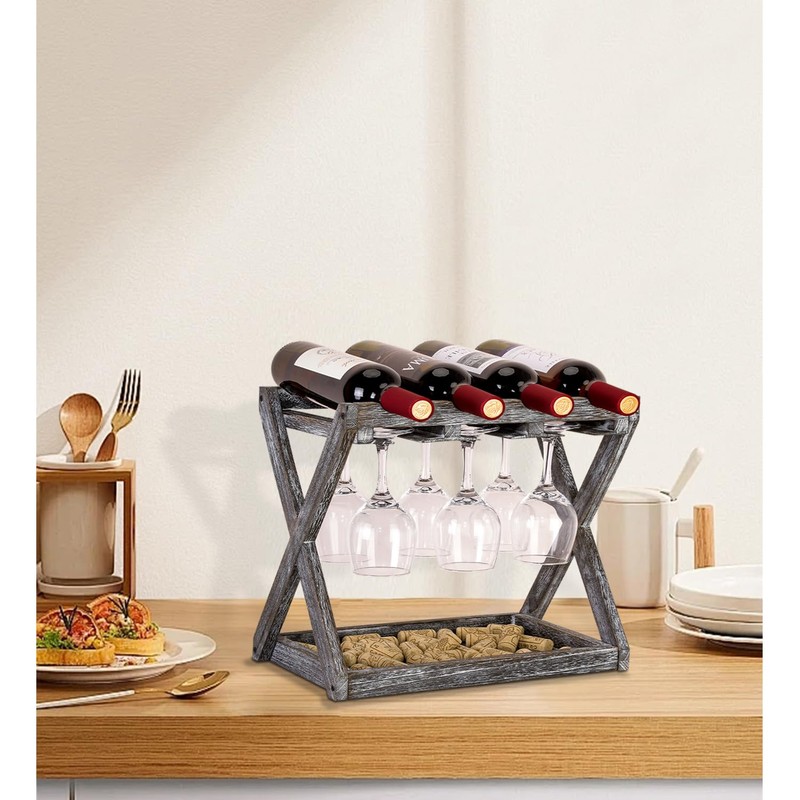 WDSHIYI Rustic Wood Wine Rack for 4 Bottles and 6