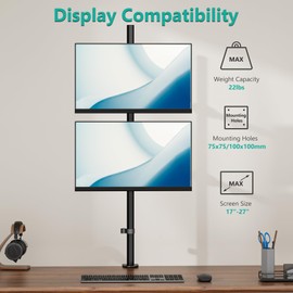 WALI Dual Vertically Stacked Monitor Desk Mount, Extra Tall Adjustable Stand for 2 Ultrawides up to 32 inches, Fully Adjustable Extended Arms Fits Two Screens up to 32 inch 22 lbs (M12XXL), Black