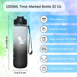 Fenmshairy Floral Cat Water Bottle 32 Oz – Leakproof BPA Free Sport Water Bottle with Straw & Carry Strap, Motivational Time Marker for Gym, Fitness, Outdoor, Travel, Office, Biking, Cat Lover Black