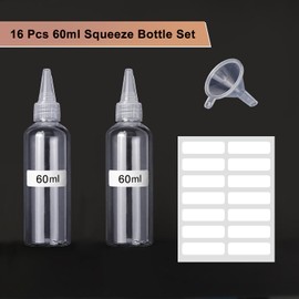 Prebarfun Pack of 16 Squeeze Bottles 60 ml, Empty Squeeze Bottle, Plastic Bottles for Filling, Small Sauce Bottle with Caps, Funnels, Labels for Sauces, Paints and Oils etc.