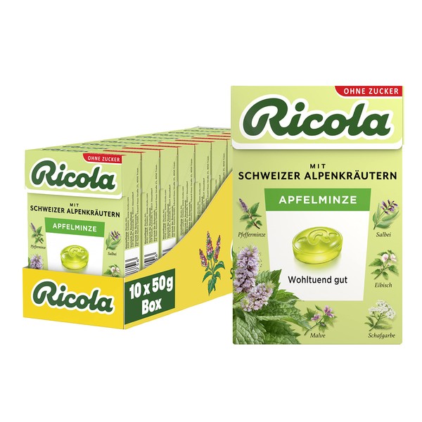 Ricola Apple Mint, 10 Böxli Original Swiss Herbal Sweets with 13 Swiss Alpine Herbs & Natural Apple Mint, Sugar-Free, 10 x 50 g