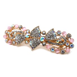 Teri's Boutique Ribbon Bow Rhinestone Crystal Gold Tone Lovely Sparkle Women Girls Accessory Hair Clip Styling Barrettes (Pink)