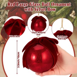 6 Pcs 4 Inch Large Vintage Mercury Glass Christmas Ornaments with Velvet Bow Christmas Hanging Glass Ball Ornaments Red Mercury Decor for Xmas Tree Vintage Holiday Decoration