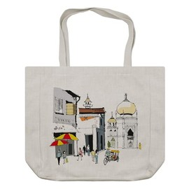 Ambesonne Asian Shopping Bag, Hand Drawn Illustration of Old Singapore Traditional Building People Umbrellas Travel, Eco-Friendly Reusable Bag for Groceries Beach and More, 15.5" X 14.5", Cream