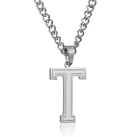 RWQIAN Mens Initial Necklace Silver Stainless Steel Chain with T Letter Pendant Necklace Initials Jewellery Fathers Day Birthday Gift for Dad Husband Son Grandson Brother