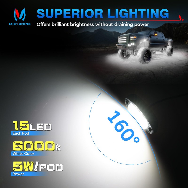MICTUNING 2025 Upgraded White Rock Lights Super Bright Underglow Lighting