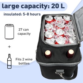 Kato Tirrinia 20L Food Cooler Bag, Thermal Insulated Picnic Bag, Large Leakproof Cooling Bag, Multi-Functional Wine Bag for Shopping Camping Work Travel Outdoor Activities, Black