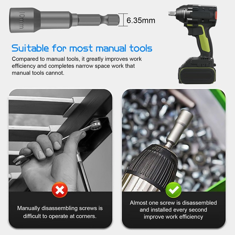 10-Piece Nut Driver Bit Set, 10mm 6-Point Socket 1/4" Hex