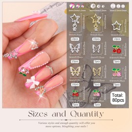80Pcs 11 Styles 3D Nail Charms and Flatback Gems Pearl + Nail Chains, Silver Shiny Luxury Gems, Crystal Diamond Jewels Studs with Rhinestones for Nail Design, Nail Art Decor Set for Acrylic Nails