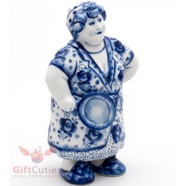 Gzhel porcelain figurine folk Russian woman mother in law or wife with a skillet