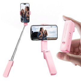 yAyusi Extendable Mini Selfie Stick, Portable Pocket Selfie Stick with Remote Control, Compact Phone Holder Stand with Phone Holder for Vlog/Video Recording/Live Streaming (Pink)