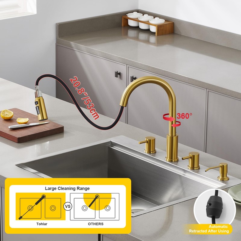 Tohlar 4 Hole Kitchen Faucet, Brushed Gold Kitchen Faucet with