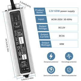 LED Driver 60W IP67 Waterproof Low Voltage Transformer Adapter, AC90-265V to DC12V 5A Power Supply with 3-Prong Plug 3.3 Feet Cable, Efficient Converter for LED Strip Lighting, Outdoor and Indoor Use