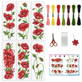 INFUNLY 6pcs Red Flower DIY Cross Stitch Bookmark Kits for Beginners Red Poppy Counted Cross Stitch Kit with Instruction Floral Stamped Embroidery Bookmark Kit for Book Lovers Readers Writers Gift