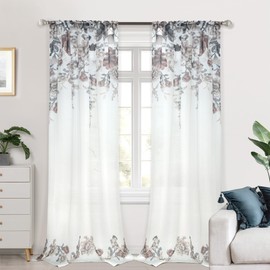 DriftAway - Cortinas transparentes florales para sala de estar, cortinas transparentes con estampado de flores marrones, cortinas transparentes para filtrar la luz para recámara, 96 pulgadas de largo,