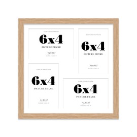 12x12 Inch 4 Opening Photo Collage Frame, Display Four 6x4 Inch Photos, Multi Aperture Family Picture Frame, Oak