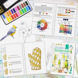 3 Pack Cuaderno de Acuarela para Principiantes con Tutorial Paso a Paso, 36 Páginas de Práctica, 24 Colores de Acuarelas y Pincel, Papel de Acuarela 300gsm/140lb (Temas: Aves, Flores y Cocina)