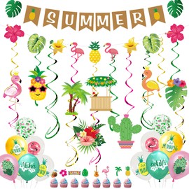 AFYHH Hawaiian Tropical Summer Decorations - Hawaiian Party Hanging Swirl Decorations Hawaiian Bunting Banners Balloons Summer Holiday Beach Aloha Garden Party Decorations Home Decor