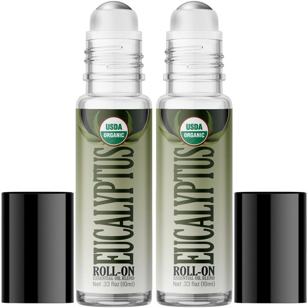 Organic Eucalyptus Roll On Essential Oil RollerBall (2 PACK - USDA CERTIFIED ORGANIC) Pre-diluted with Glass Roller Ball for Aromatherapy, Kids, Children, Adults Topical Skin Application - 10ml Bottle