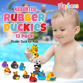 Playbees - Juego de 12 patos de goma para niños, juego sensorial, alivio del estrés, relleno de medias, regalos de cumpleaños, baby shower, incentivos de aula, playa de verano y actividades en la piscina