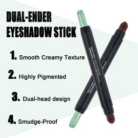 Green Eyeshadow Stick,Cream Shimmer Eyeshadow Stick Metallic Double-ended Eyeshadow Pencil,Glitter Eye Shadow Stick Waterproof Long Lasting Dual-Ended Eyeshadow Crayon with Brush for Women Eye Makeup