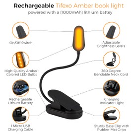 TIFEXO 2024 Amber Lights for Reading Books in Bed - Rechargeable Clip On Amber LED Light with USB Cable, Optimal Eye-Care Lights for Relaxing Reading